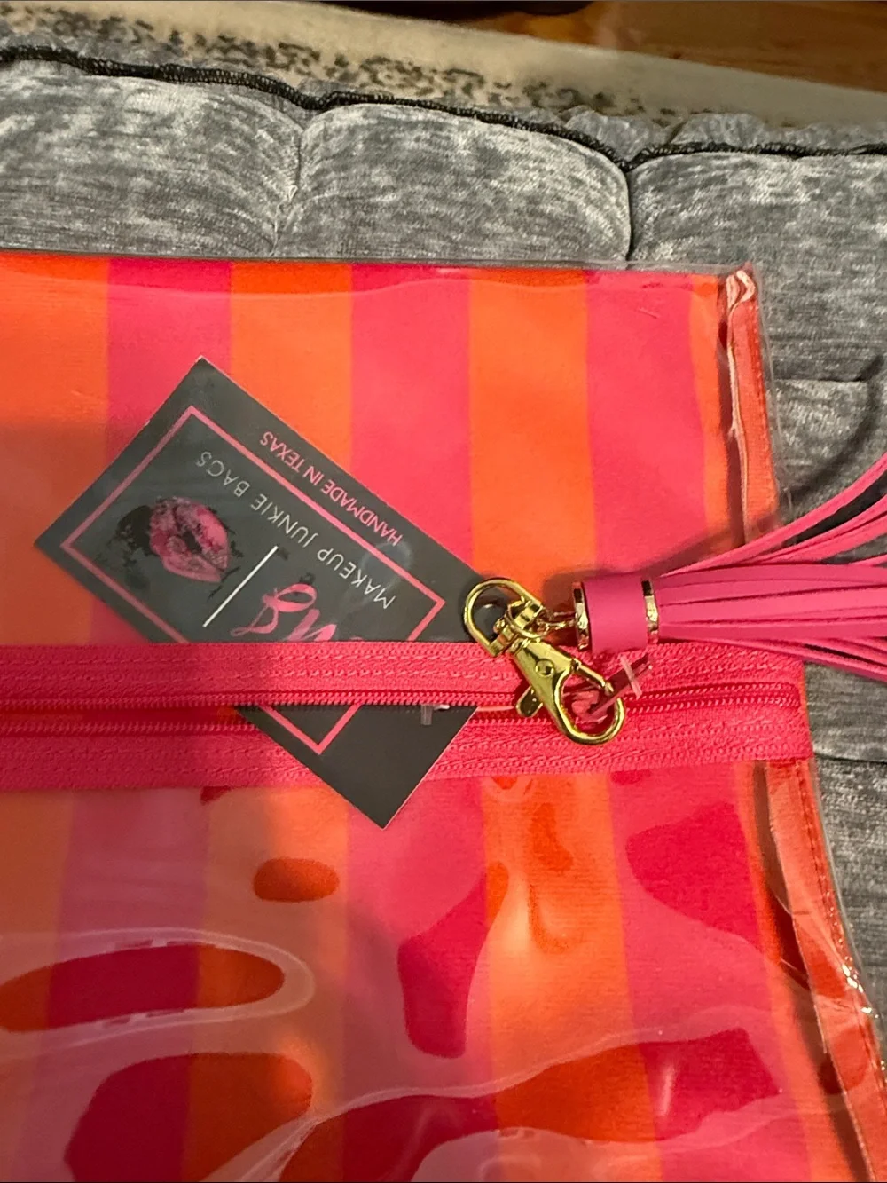 Makeup Junkie Striped Pink & Orange Vinyl Clutch with Tassel